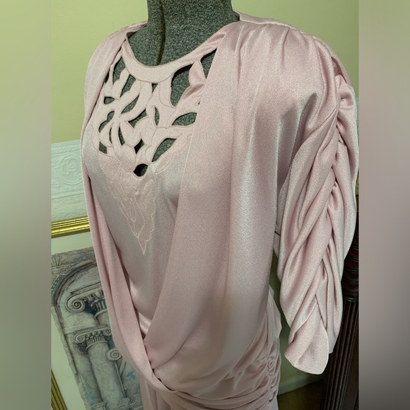 Vintage 60’s Ruched Sleeve Lilac/Pink Blouson Filigree Dress Woman’s Size Large. - Picture 2 of 15